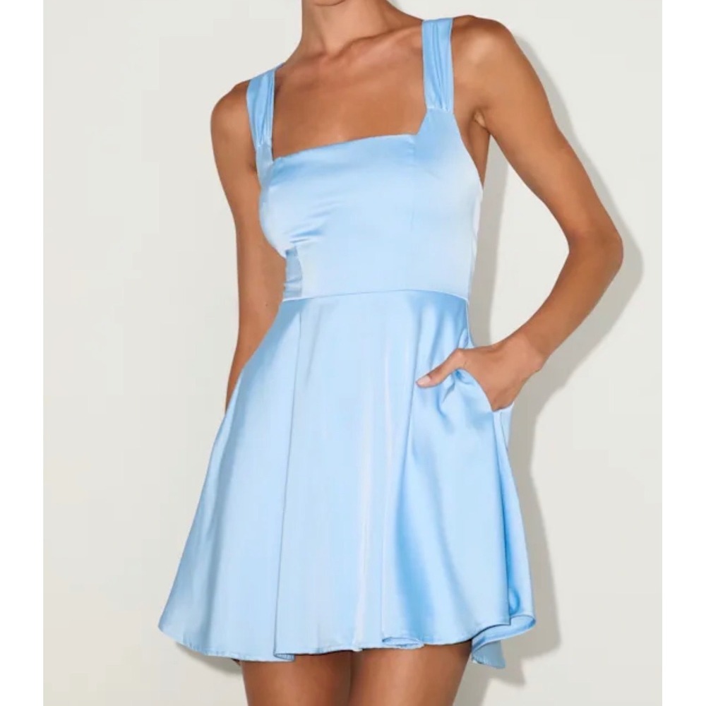 Lulus Admirably Chic Light Blue Satin Lace-Up Mini Dress Pockets XL NEW